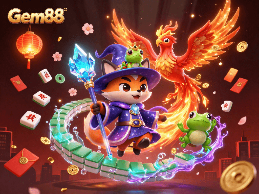 Experience thrilling gaming adventures at Gem88 with a mystical wizard fox and golden treasures.