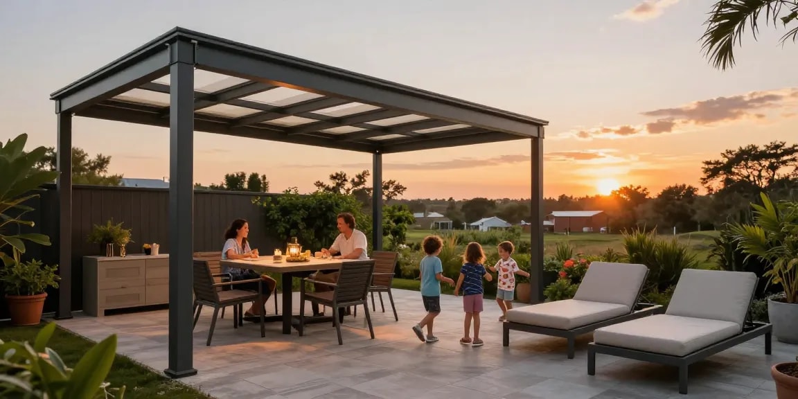 Moderne Terrassenüberdachungen schaffen einladenden Raum für Familienabende.