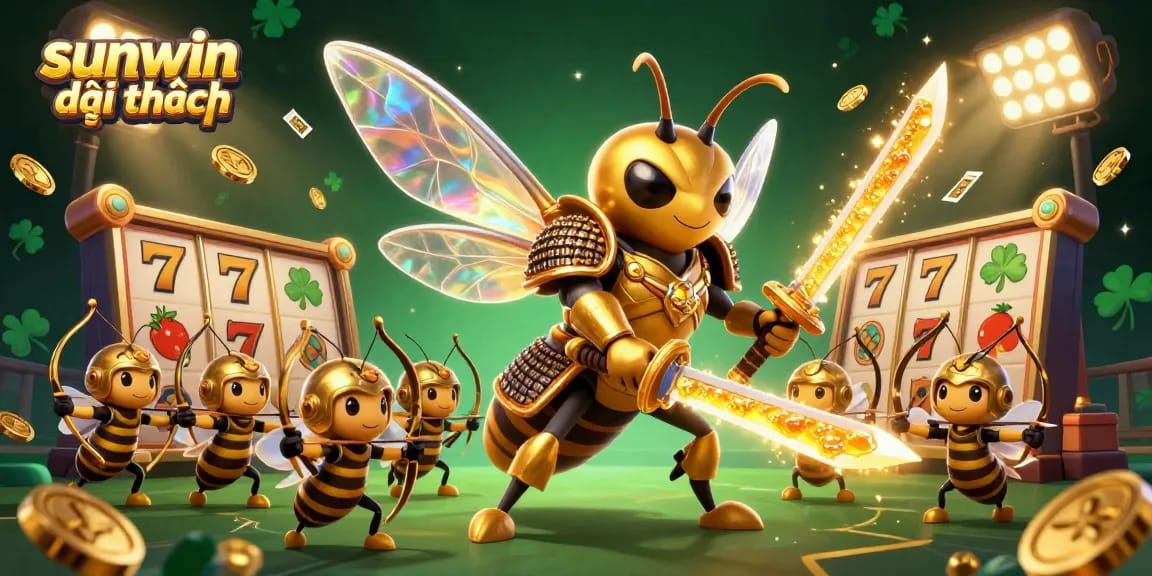 Engage with sunwin đổi thưởng through a vibrant and captivating gambling scene featuring a golden hornet warrior.
