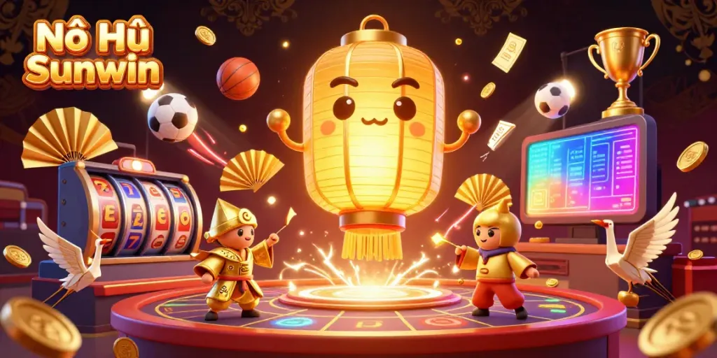 Nổ Hũ Sunwin showcases vibrant slot reels, a glowing lantern spirit, and gold coins representing an exciting online casino experience.