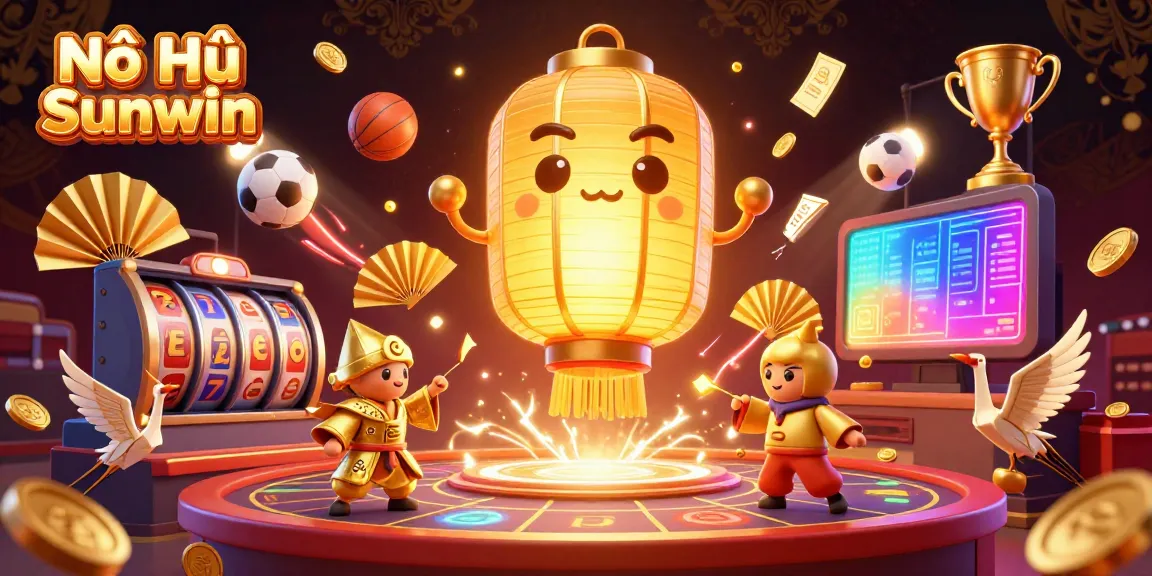 Nổ Hũ Sunwin showcases vibrant slot reels, a glowing lantern spirit, and gold coins representing an exciting online casino experience.