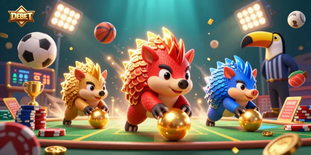 Experience thrilling victories with DEBET in a vibrant casino scene featuring dynamic pangolins and sports elements.