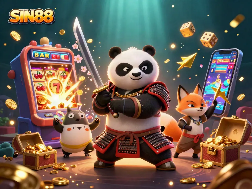 SIN88 showcases a dynamic 3D illustration with a samurai panda and ninja fox in a lively casino scene filled with action.