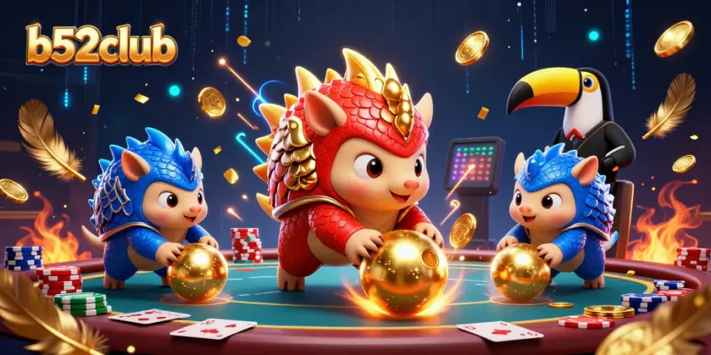 Engage with the b52club casino experience by watching armored pangolins bowl through poker chips in a vibrant arena.