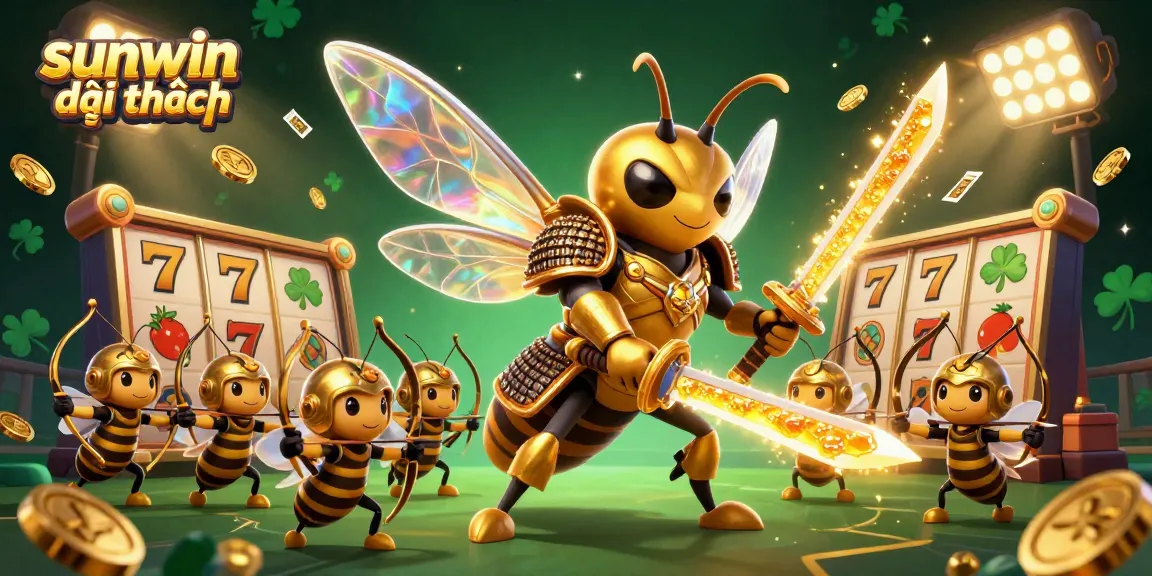 Engage with sunwin đổi thưởng through a vibrant and captivating gambling scene featuring a golden hornet warrior.