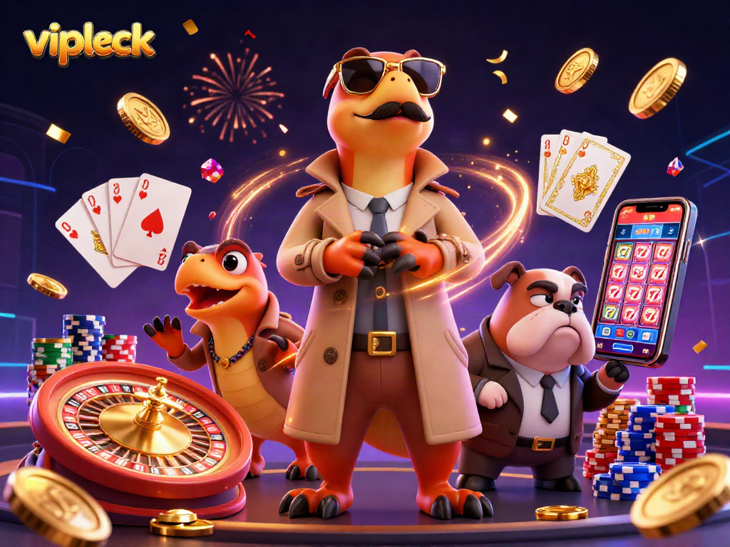Play exciting games at vipluck while raptors sneak into a VIP lounge amid golden coins and chips.