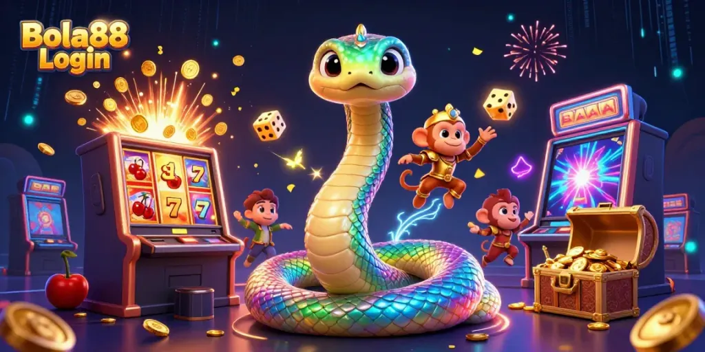 Spin and win with Bola88 Login featuring a vibrant 3D scene of a rainbow serpent and monkey king amidst jackpots.