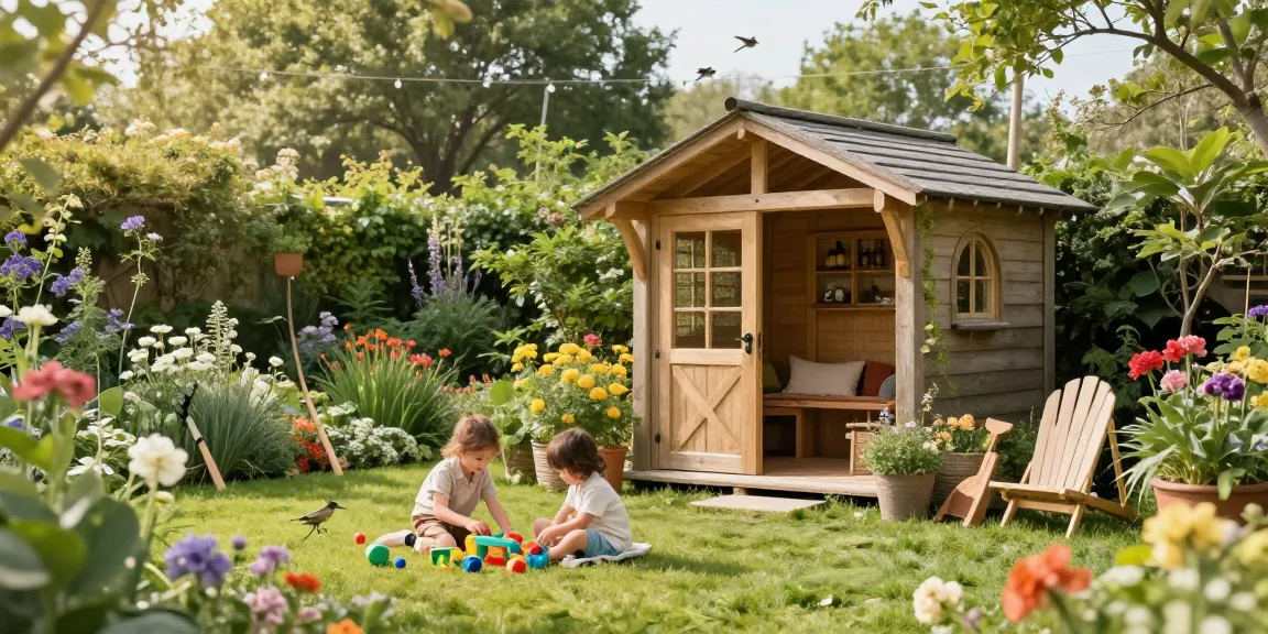 Gartenhaus in einem blühenden Garten mit spielenden Kindern und Gartenwerkzeugen.