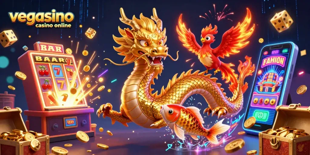 Enjoy exciting games at vegasino casino online with a vibrant 3D illustration bursting with action and rewards.