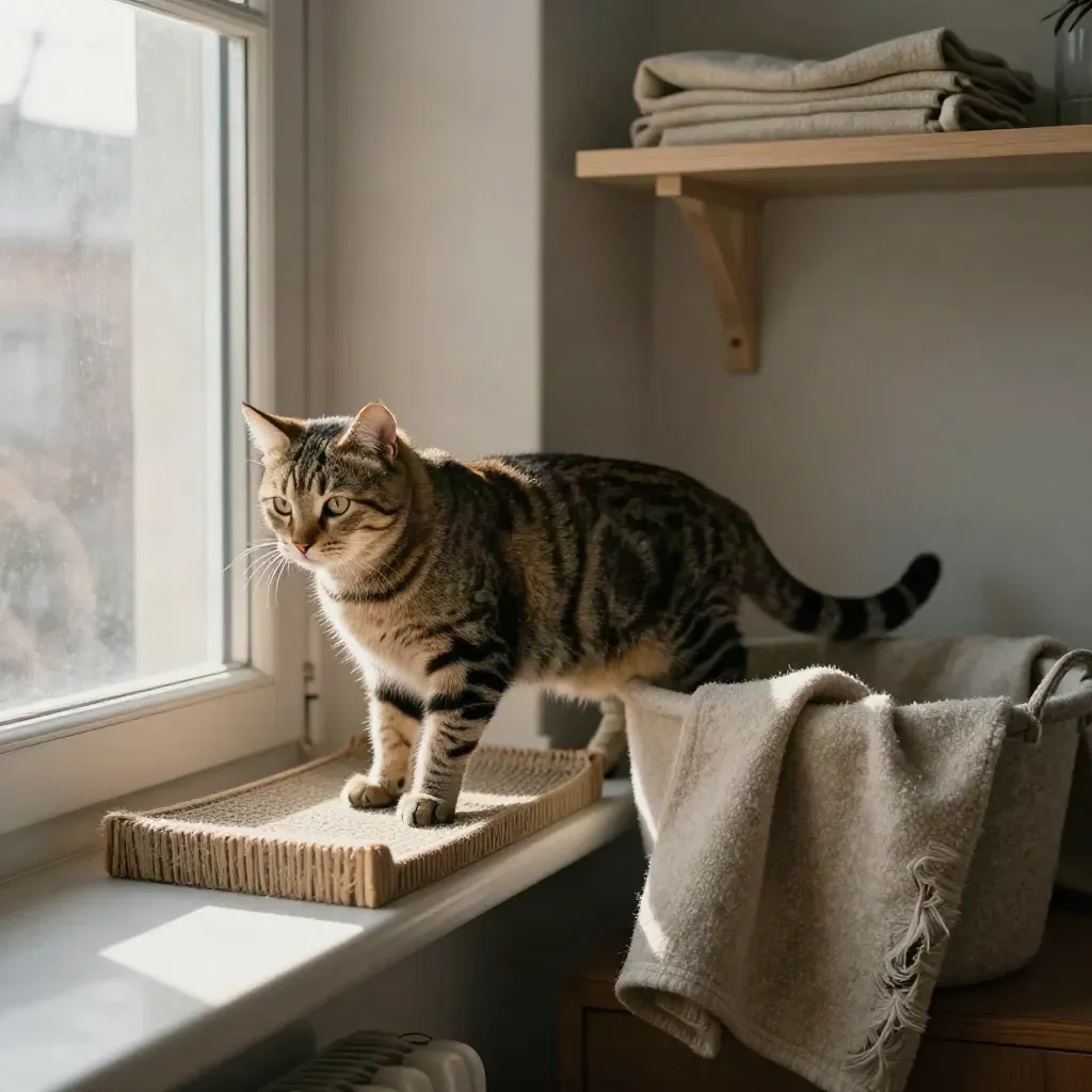 Getigerte Wohnungskatze streckt sich auf einer sonnigen Fensterbank mit Decke und Kratzmatte.