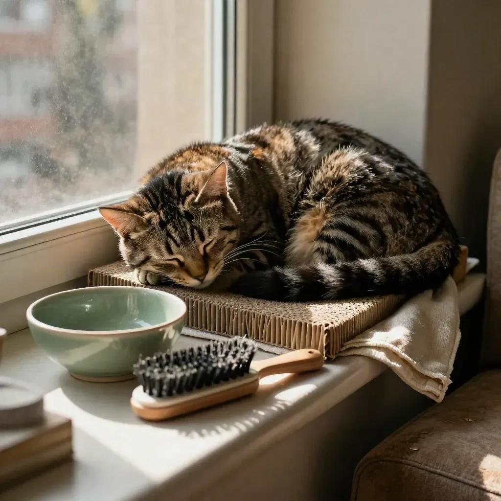Getigerte Katze döst nach der Fellpflege auf der Fensterliege neben Bürste, Schale und Kratzpappe.