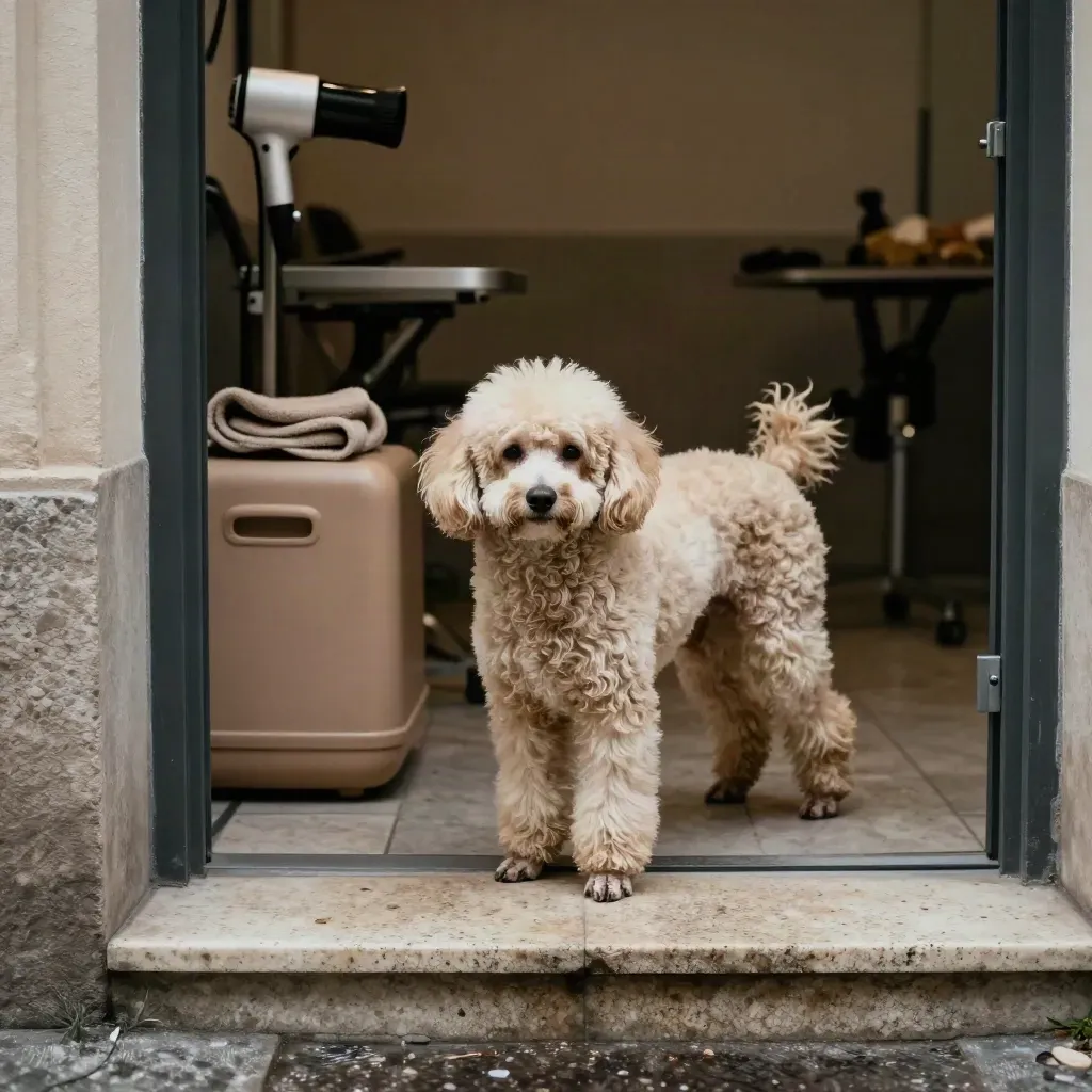 Frisch frisierter Pudel-Mix tritt aus einem Berliner Grooming-Salon in feuchtem Dunst.