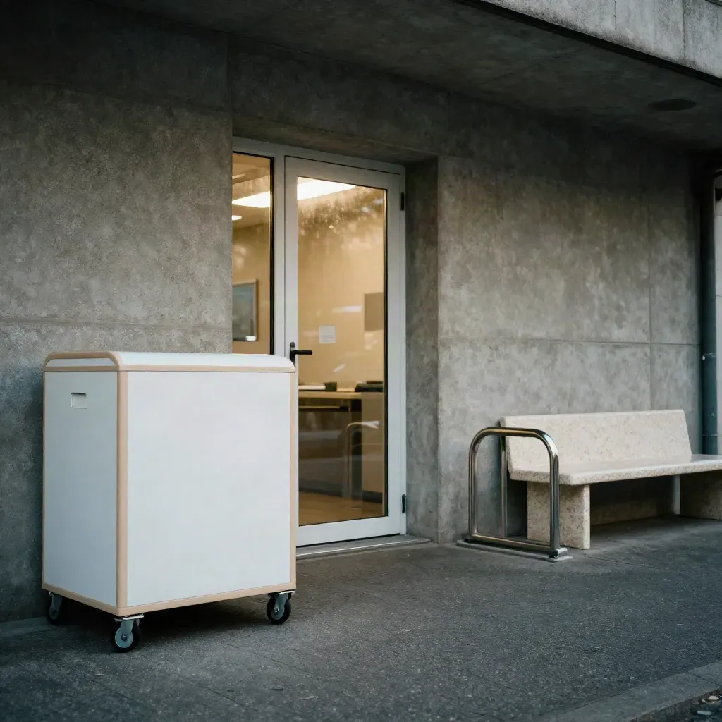 Eingang einer Berliner Tierarztpraxis mit Transportbox, Fahrradständer und Wartebank im Morgenlicht