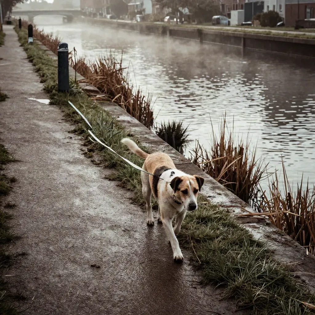 Hund auf langer Leine läuft am grünen Kanalufer entlang, feiner Nebel über dem Wasser