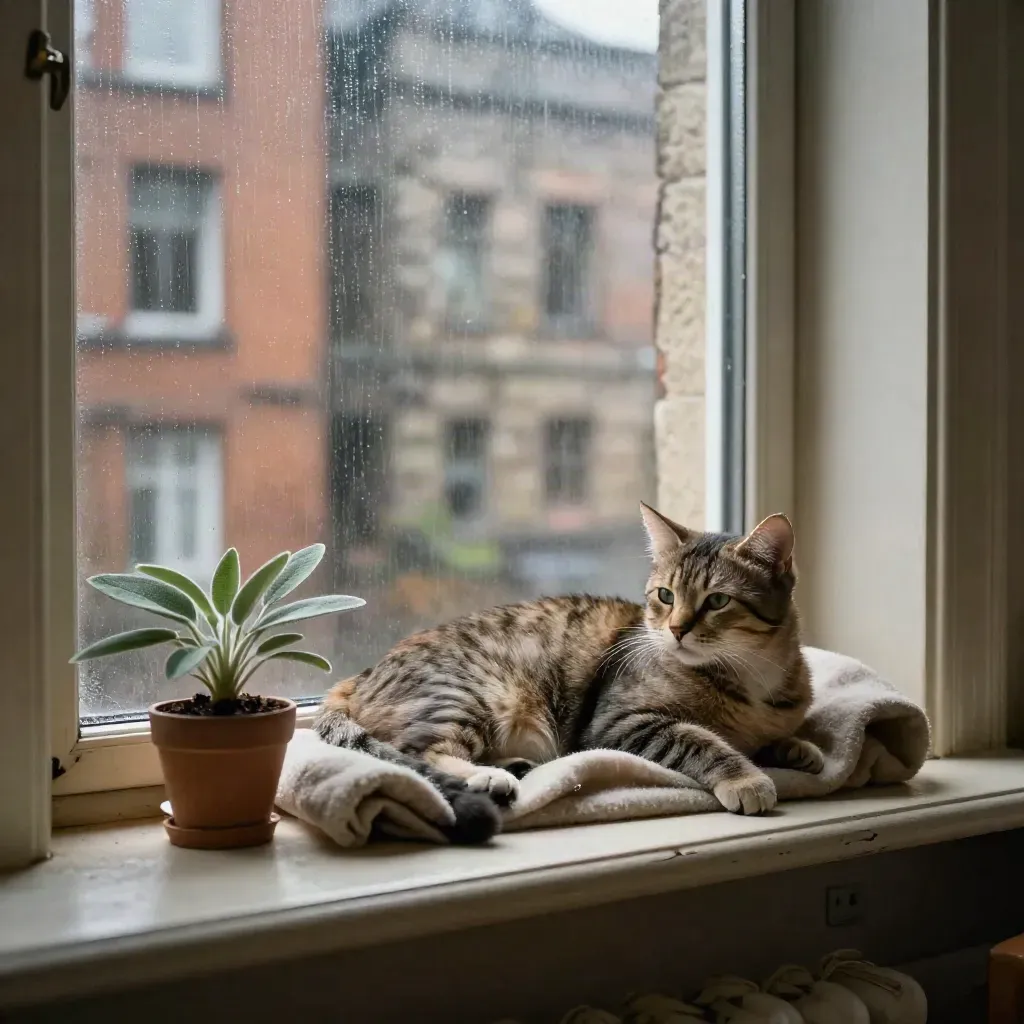 Katze auf Fensterliege in Hamburg mit Regen am Glas und kleiner Topfpflanze