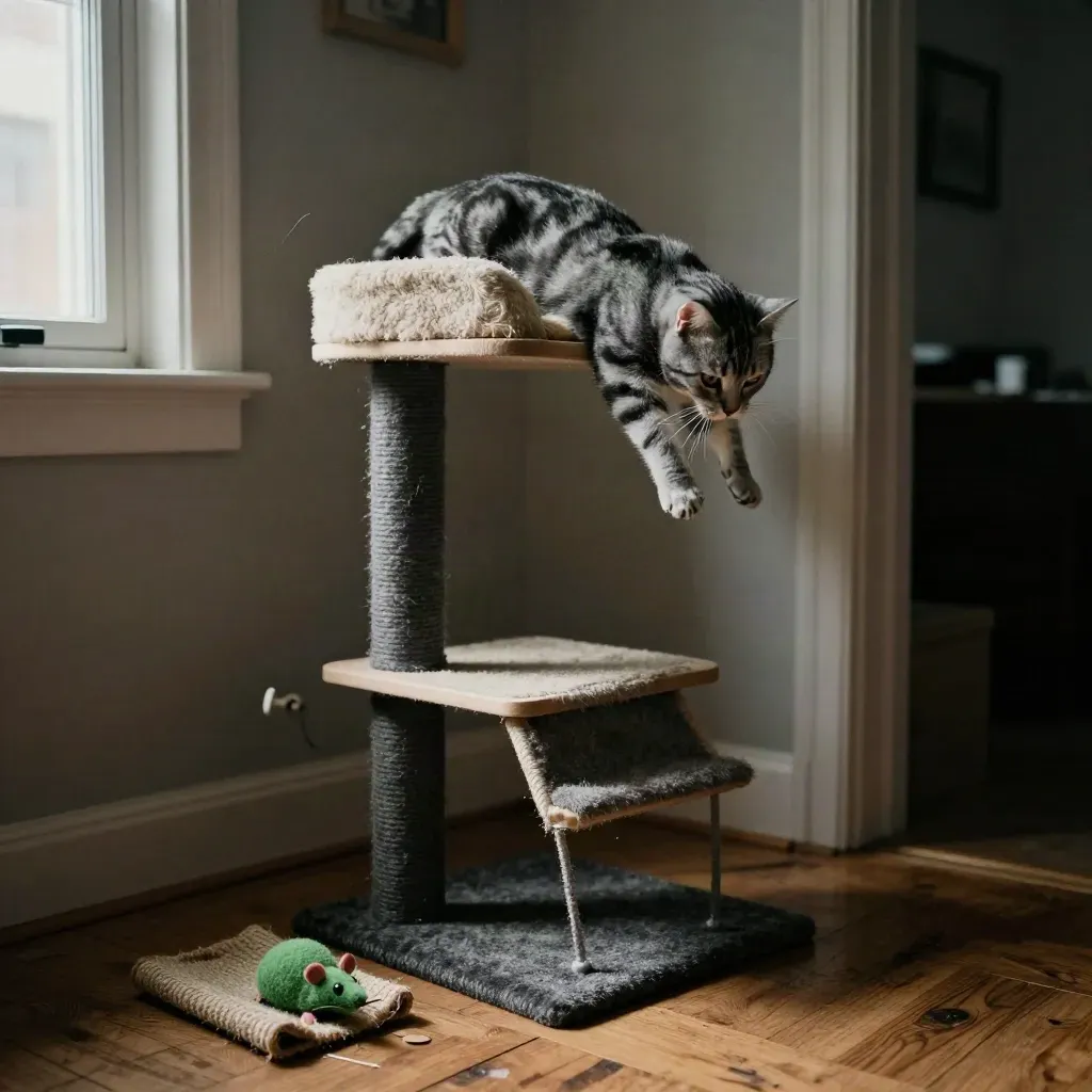 Katzenturm in einer kleinen Wohnung, Silbertabby klettert zur obersten Plattform.