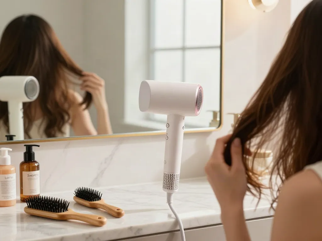 Mit dem Laifen Föhn gesunde Haare stylen in modernem Badezimmer.