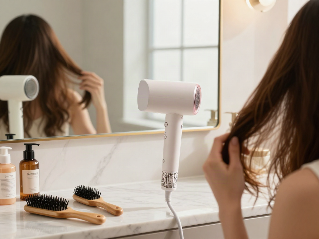 Mit dem Laifen Föhn gesunde Haare stylen in modernem Badezimmer.
