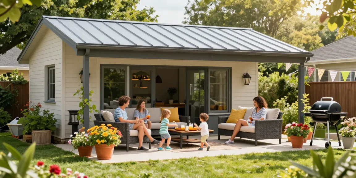 Moderne Terrassenüberdachung in stilvollem Garten mit Familie und Pflanzen.