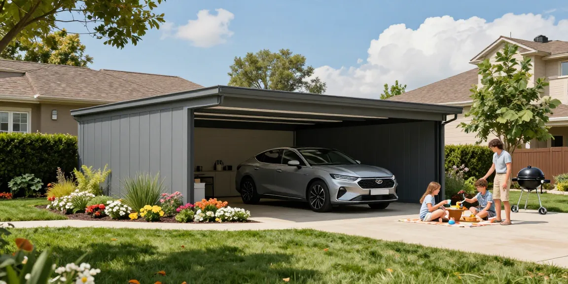 Carport schützt Fahrzeuge bei Sonnenschein und Regen, ideal für Familien im Freien.