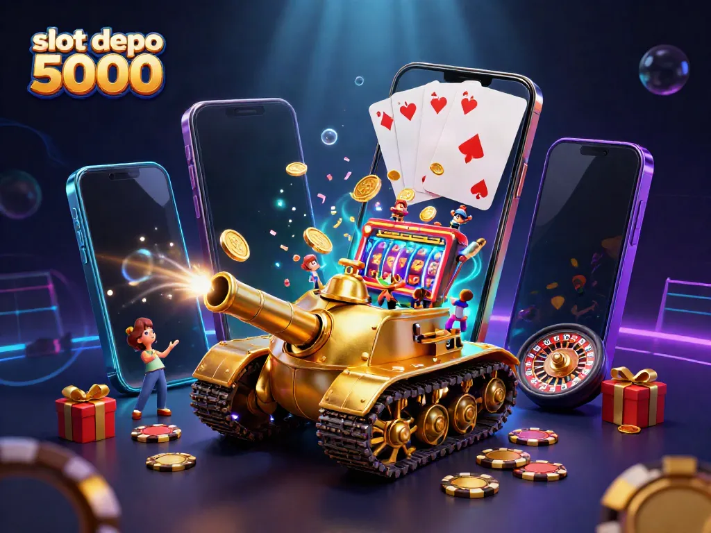 Engage with the thrilling experience of slot depo 5000 while enjoying a digital casino scene bursting with colorful action.