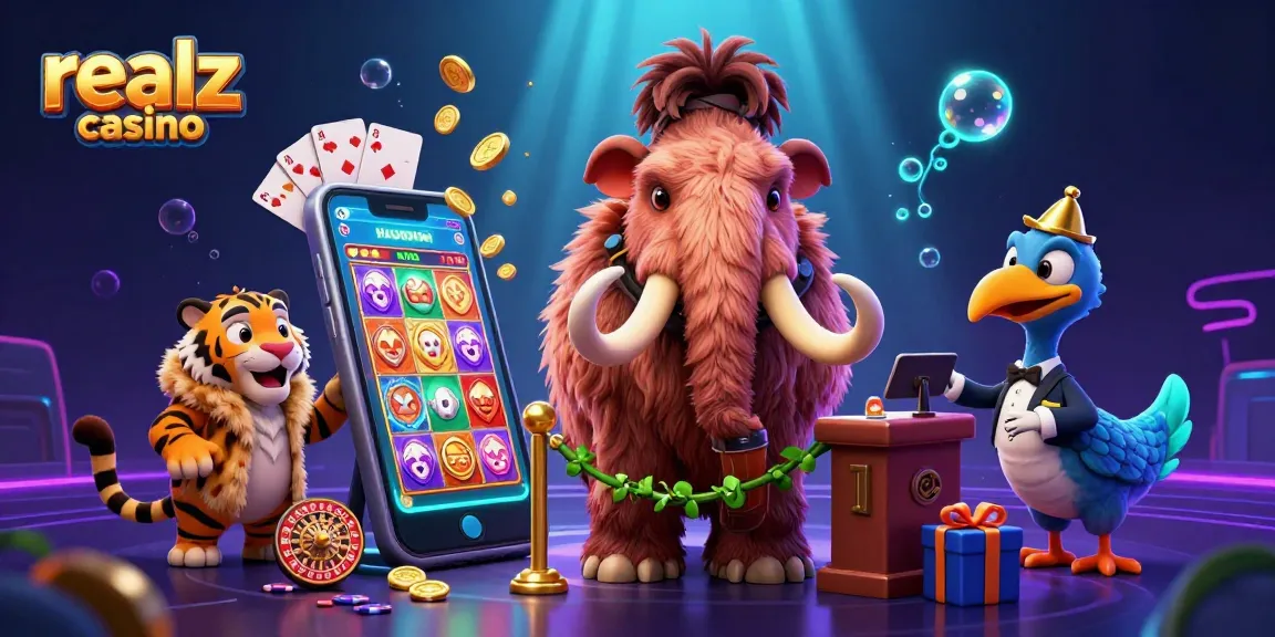 Experience excitement at realz casino with a lively scene featuring unique characters and dynamic game elements.